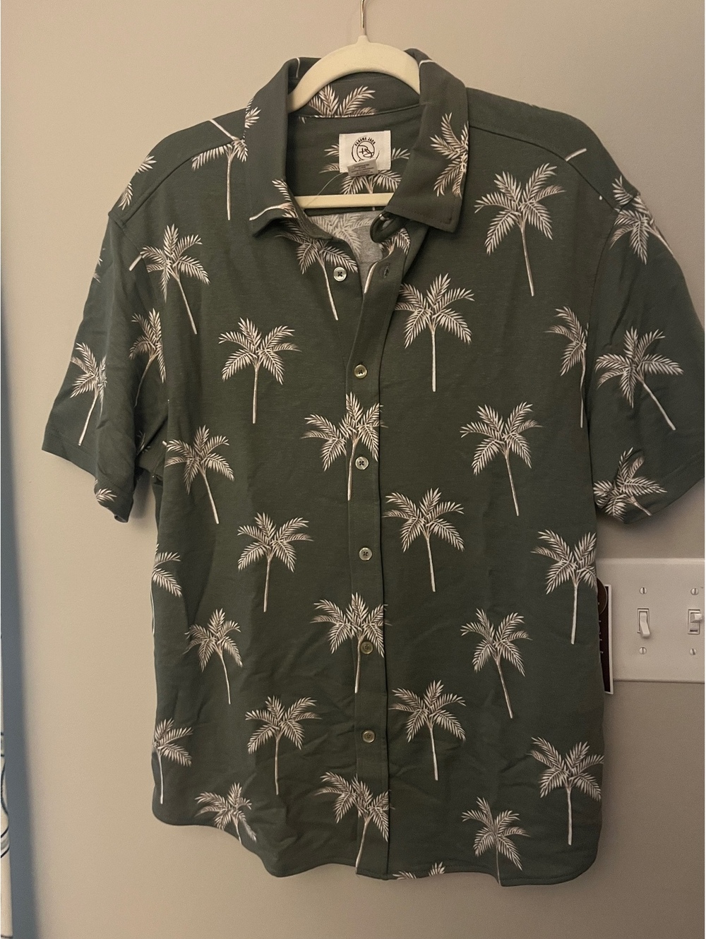 Panama Jack Men's Large Green Palm Tree Print Short Sleeve Button-Up Shirt